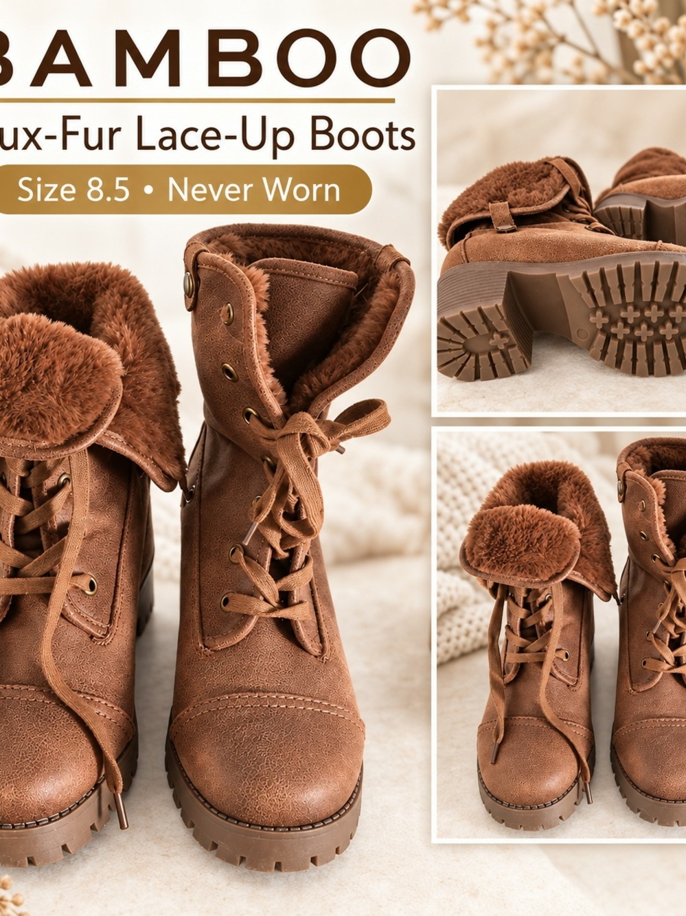 BAMBOO Brown Faux-Fur Lace-Up Combat Boots-Woman's 8.5